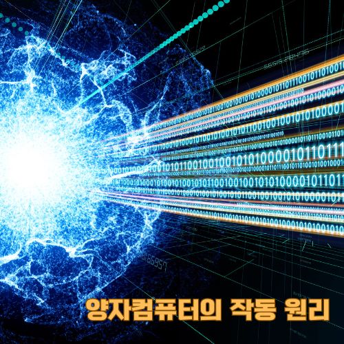 양자컴퓨터의 작동 원리를 표현한 파란색 에너지와 이진수가 결합된 미래지향적 이미지