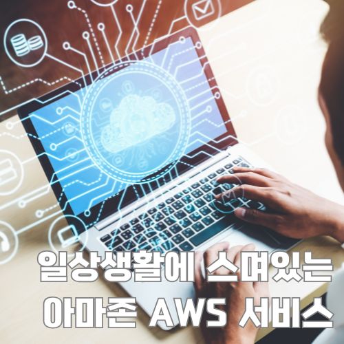 노트북으로 아마존 AWS 클라우드 서비스를 활용하는 모습과 디지털 기술 시각화